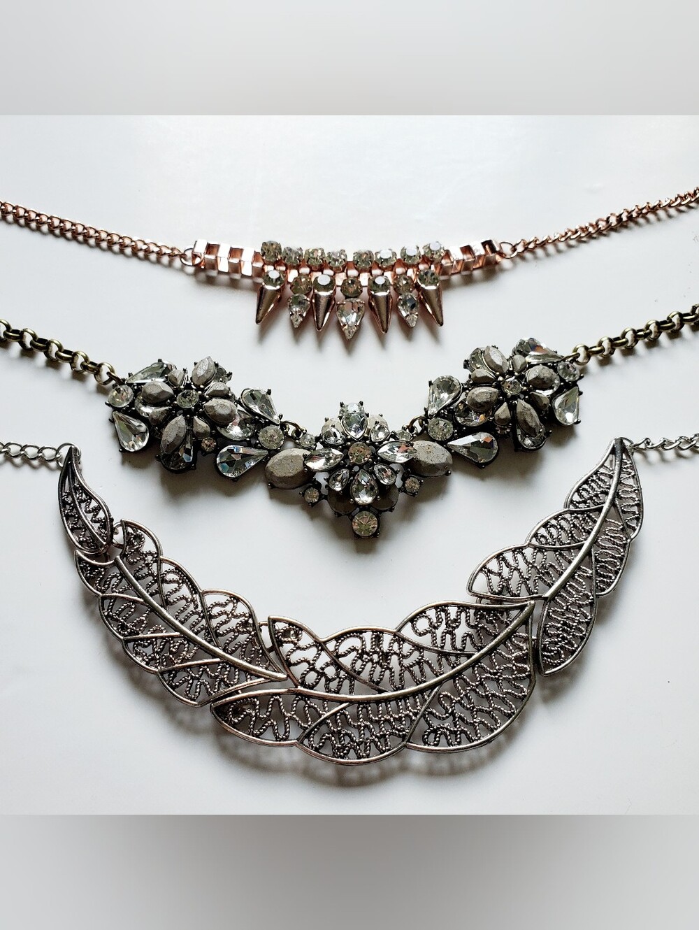 Rhinestone & Silver Statement Necklace Lot Set Of 3 Elegant Crystal & Filigree